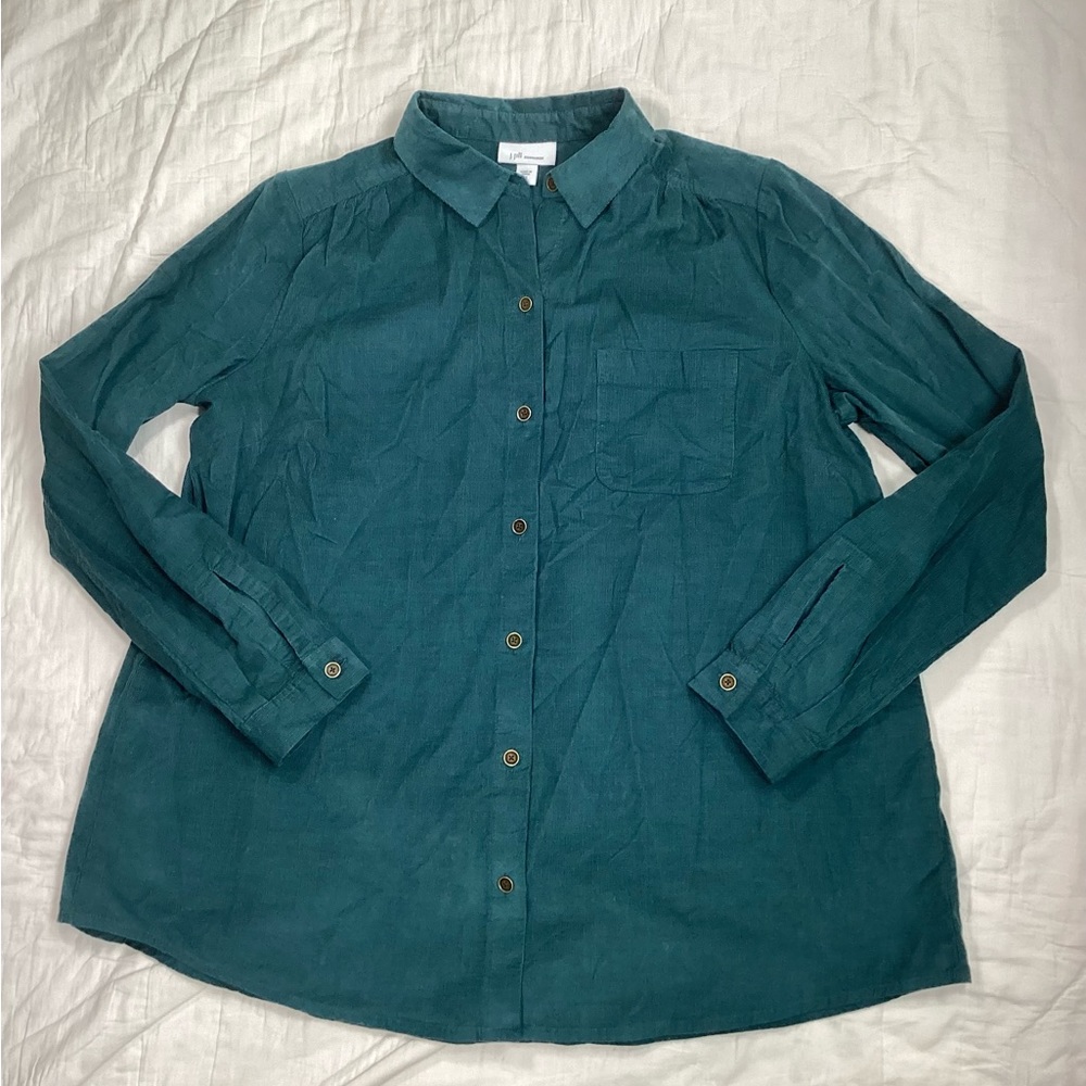 J.Jill Corduroy Lightweight Oversized Long Sleeve Button Up Shirt Teal Green